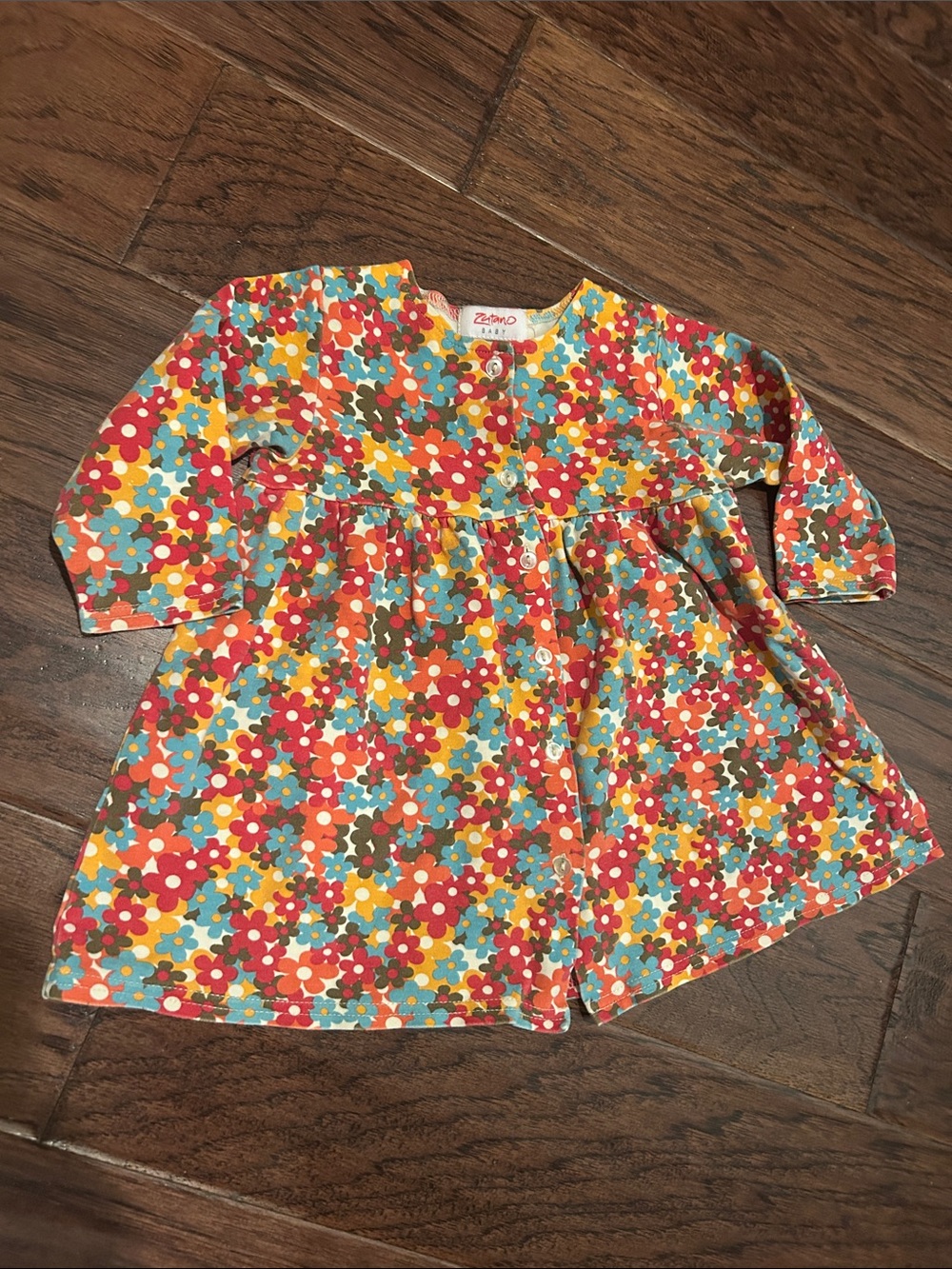 Zutano Baby Floral Long-Sleeve Dress in Red, Orange, Yellow, Blue, Brown